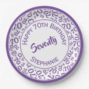 Happy Birthday 70th Purple/White Number Pattern Paper Plate