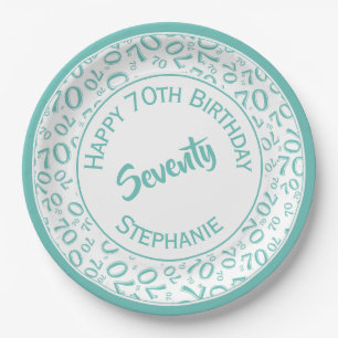Happy Birthday 70th Teal/White Number Pattern Paper Plate