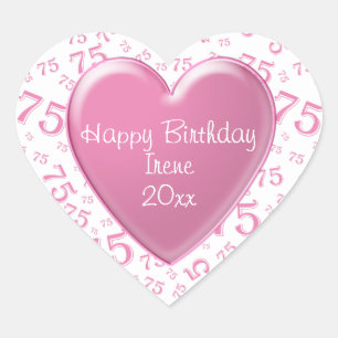 Happy Birthday: 75th Pink/White Number Pattern Heart Sticker