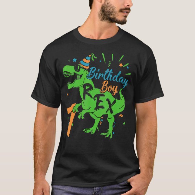Happy Birthday 7 Year Old Boy Funny Dinosaur T-Shirt (Front)