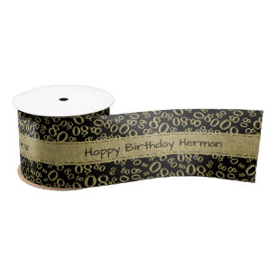 "Happy Birthday" 80 Number Pattern Gold and Black Satin Ribbon