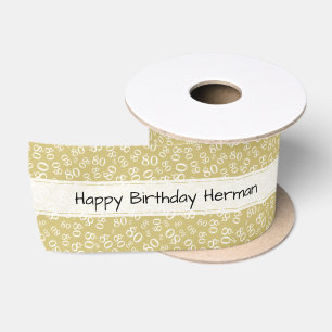 Happy Birthday 80 Number Pattern Gold/White Satin Ribbon