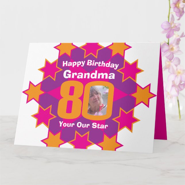 Happy birthday 80 pink stars grandma photo card (Orchid)