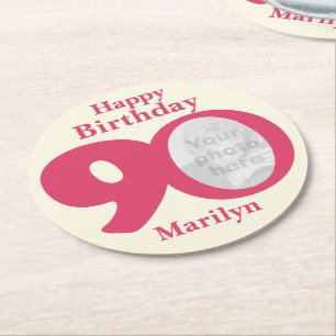 Happy birthday 90 name and photo paper coasters