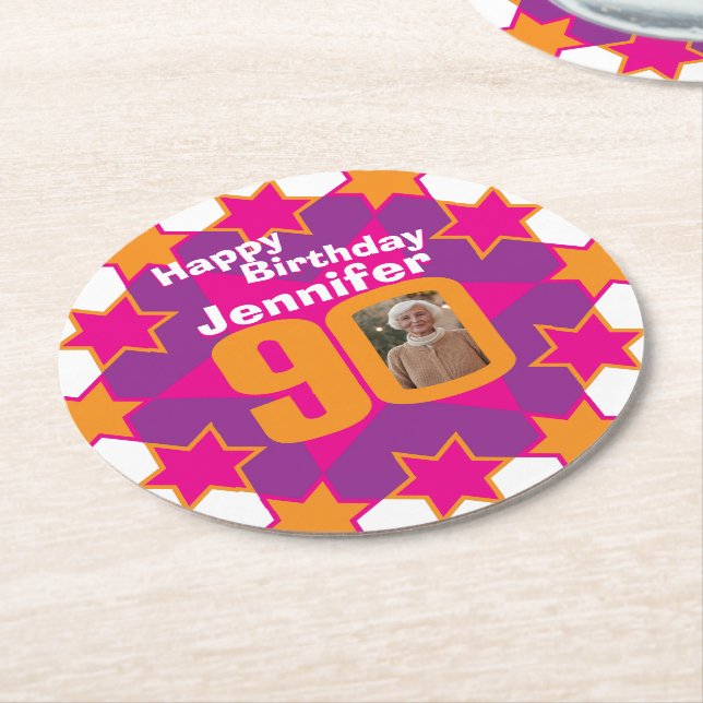 Happy birthday 90 name and photo paper coasters (Angled)