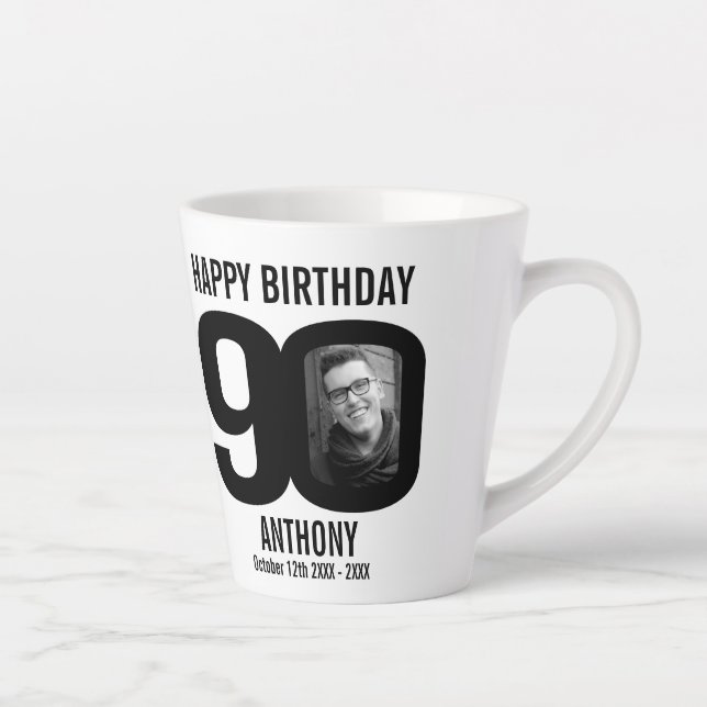 Happy birthday 90 name and two photos in year latte mug (Right)