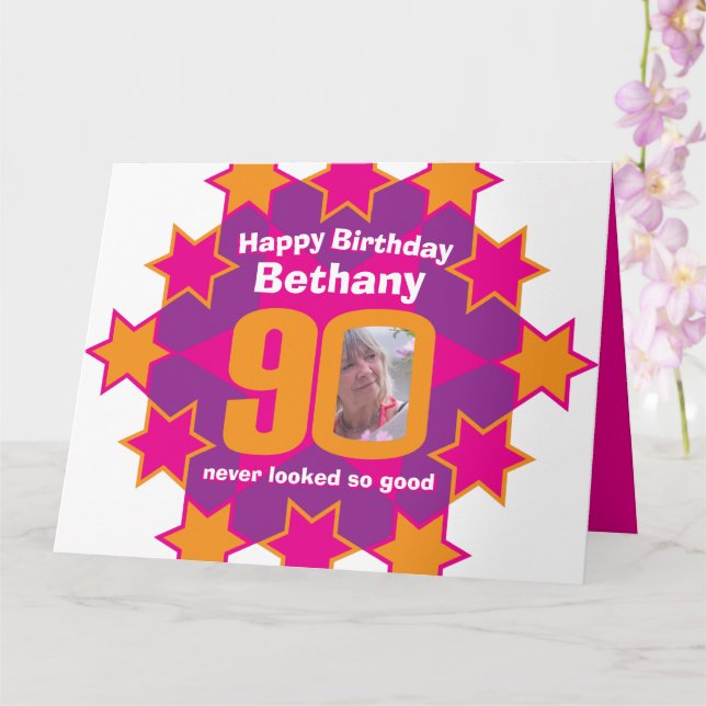 Happy birthday 90 pink stars custom name and photo card (Orchid)