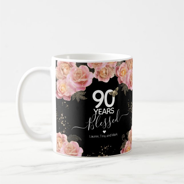 Happy Birthday 90 Years Blessed Pink Floral Coffee Coffee Mug (Left)
