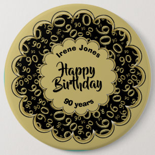 Happy Birthday, 90th Gold/Black Number Pattern 6 Cm Round Badge
