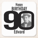 Happy birthday 90th name and photo paper coasters<br><div class="desc">90th birthday black and white photo party paper coasters. Great to add a personal touch to a surprise birthday party. Personalise with your birthday boys or girls photo in the 0 of 90 and personalise with your choice of name. Design by Sarah Trett.</div>