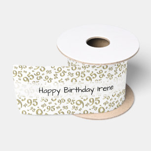 Happy Birthday 95 Number Pattern Gold/White Satin Ribbon