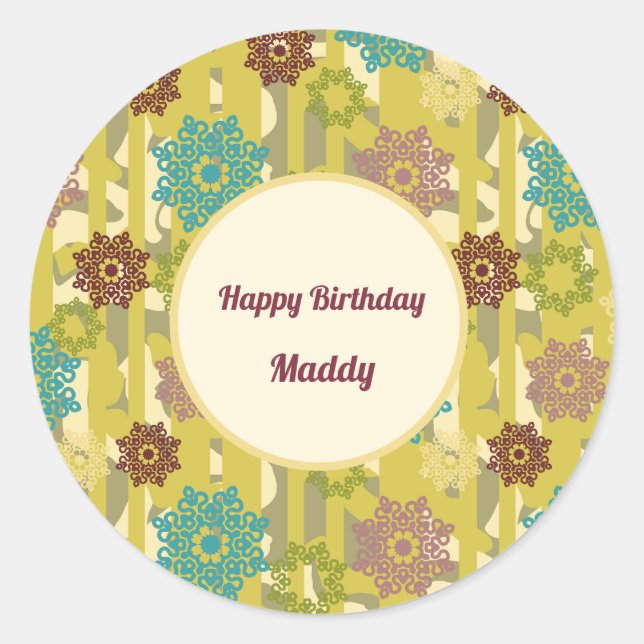 Happy Birthday Abstract Art Urban Floral Pattern Classic Round Sticker (Front)