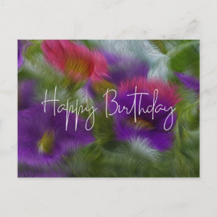Happy Birthday Abstract Purple and Pink Flowers Postcard