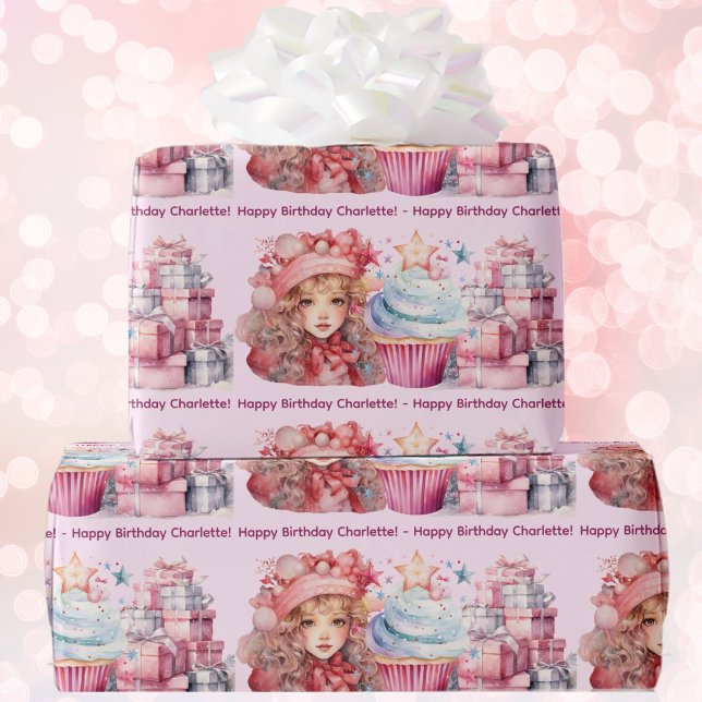 Happy Birthday Add Girl's Name Cute Pink Cupcake Wrapping Paper (Creator Uploaded)