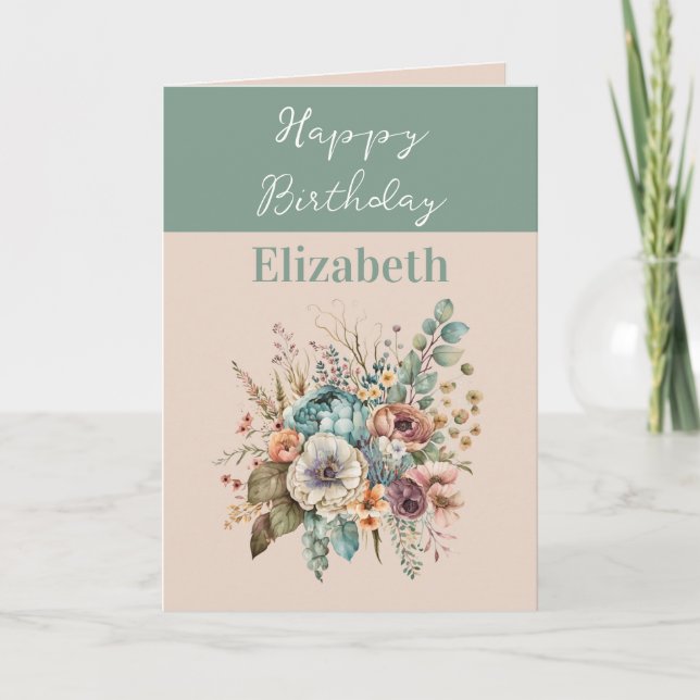 Happy Birthday add name boho floral green Card (Front)