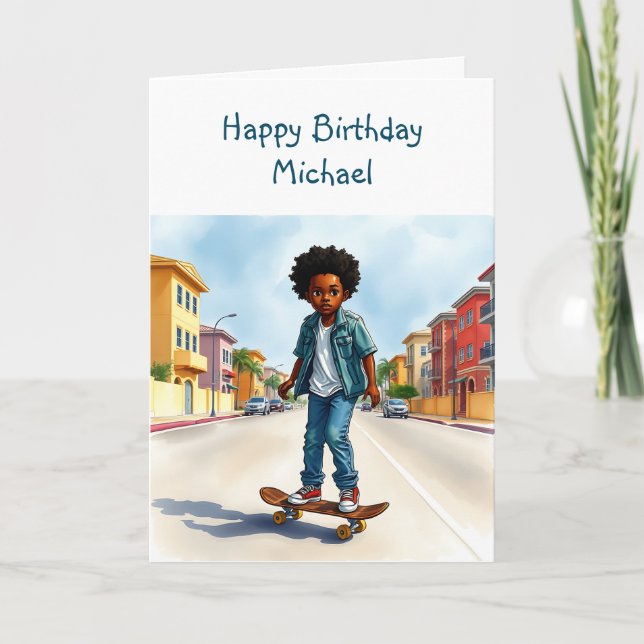 Happy Birthday (Add Name) |  Boy on Bike in City Card (Front)