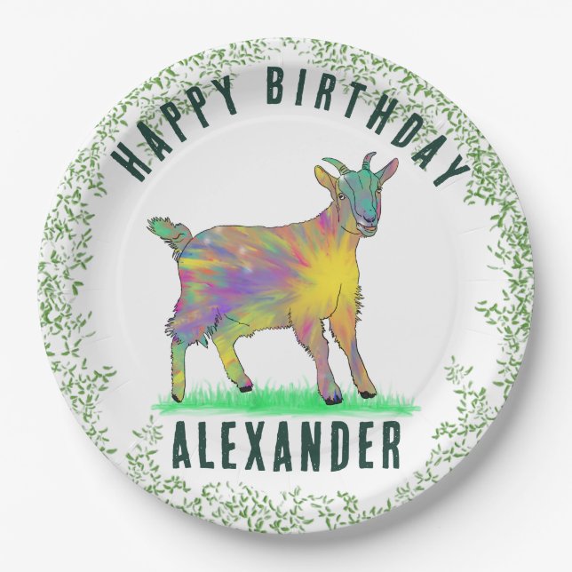 Happy Birthday add Name Goat and Foliage Paper Plate (Front)