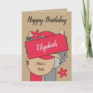 Happy birthday add name red grey brown rustic card