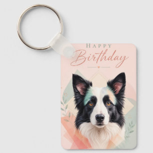 Happy Birthday Adorable Black White Dog Portrait Key Ring