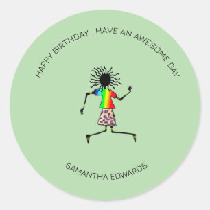 Happy Birthday, African Art Cute Happy Dancer  Classic Round Sticker