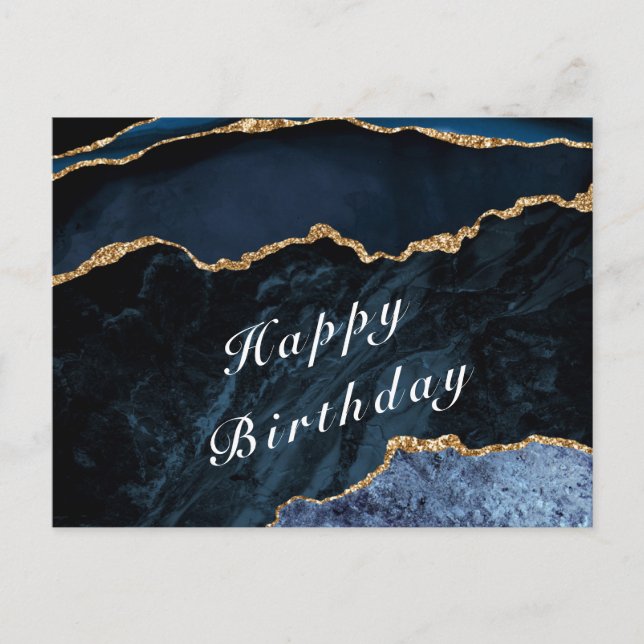Happy Birthday - Agate Navy Blue Gold Gemstone Postcard (Front)