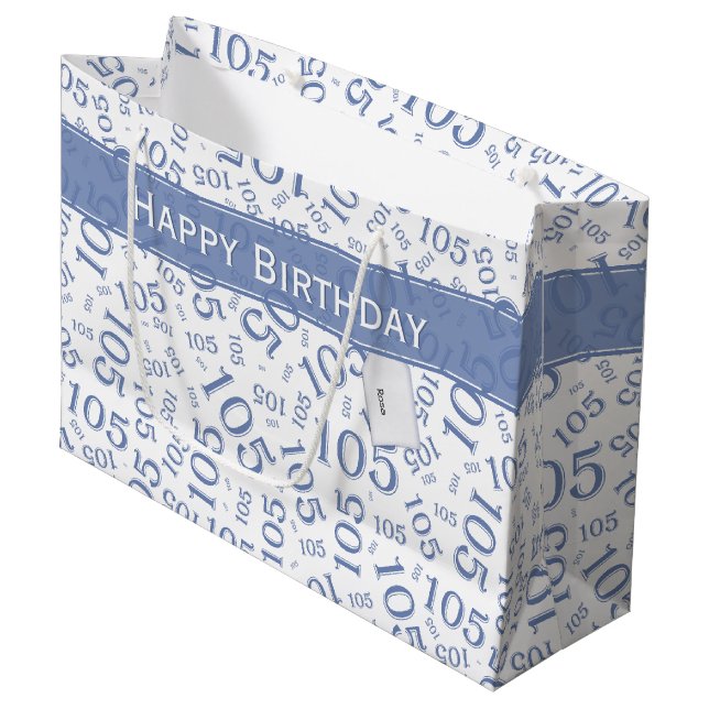 Happy Birthday Age 105 Number Pattern Blue/White Large Gift Bag (Front Angled)