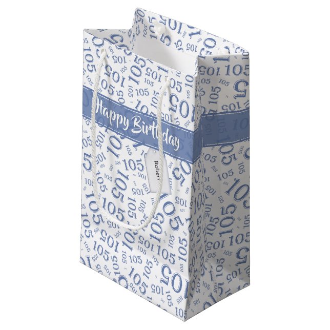 Happy Birthday Age 105 Number Pattern Blue/White Small Gift Bag (Front Angled)