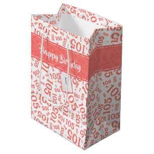 Happy Birthday Age 105 Number Pattern Coral/White Medium Gift Bag
