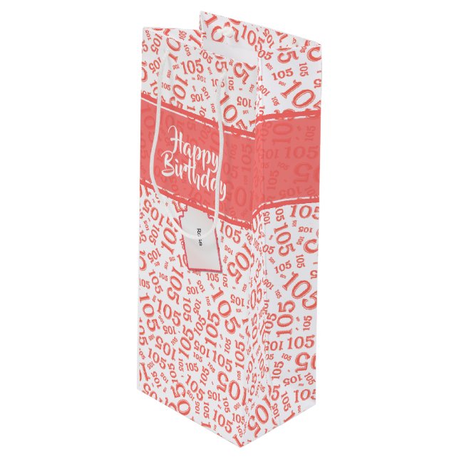 Happy Birthday Age 105 Number Pattern Coral/White Wine Gift Bag (Front Angled)