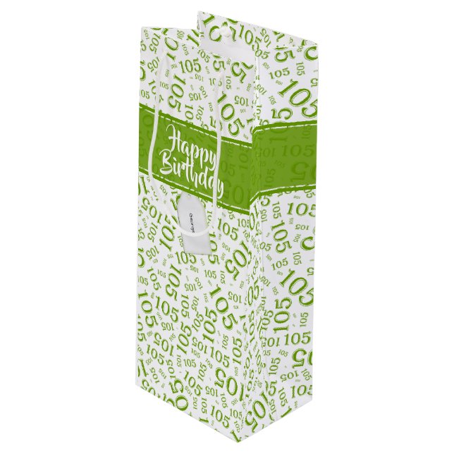 Happy Birthday Age 105 Number Pattern Green/White Wine Gift Bag (Front Angled)