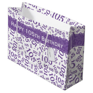 Happy Birthday Age 105 Number Pattern Purple/White Large Gift Bag