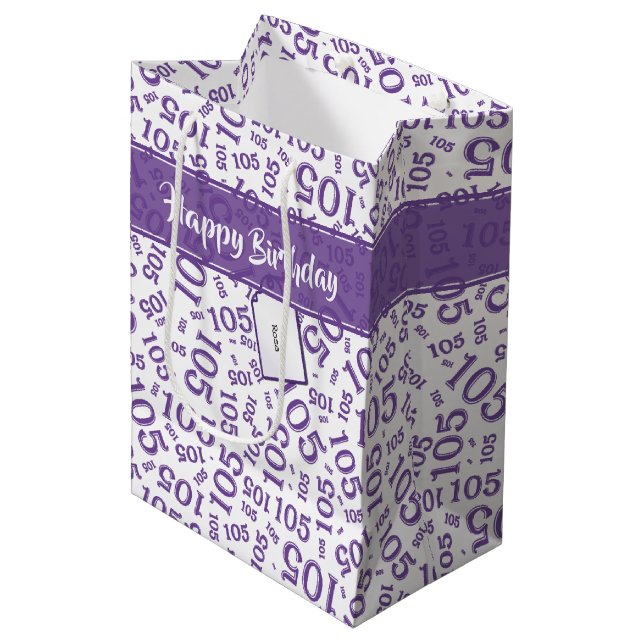 Happy Birthday Age 105 Number Pattern Purple/White Medium Gift Bag (Front Angled)