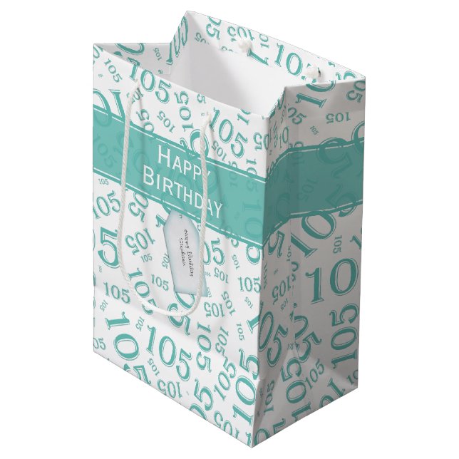 Happy Birthday Age 105 Number Pattern Teal/White Medium Gift Bag (Front Angled)