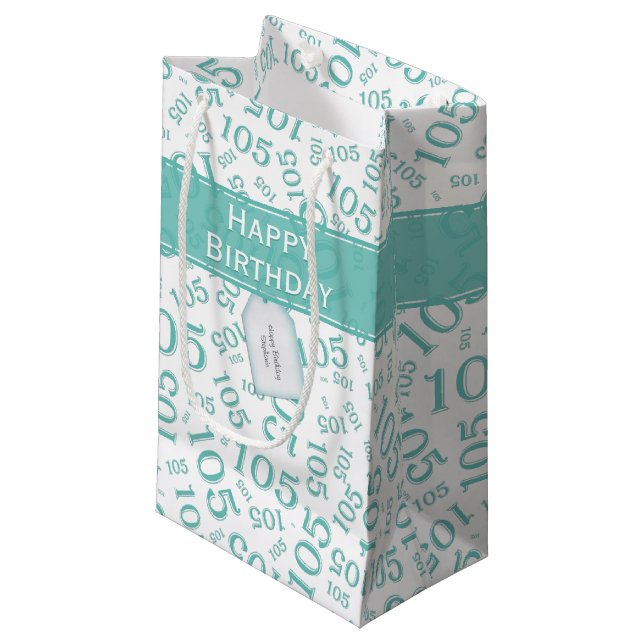 Happy Birthday Age 105 Number Pattern Teal/White Small Gift Bag (Front Angled)