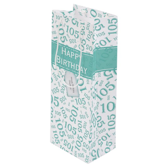 Happy Birthday Age 105 Number Pattern Teal/White Wine Gift Bag (Front Angled)