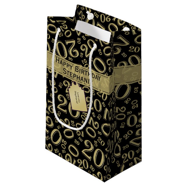 Happy Birthday Age 20 Number Pattern Black/Gold Small Gift Bag (Front Angled)