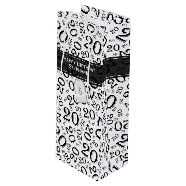 Happy Birthday Age 20 Number Pattern Black/White Wine Gift Bag (Front Angled)
