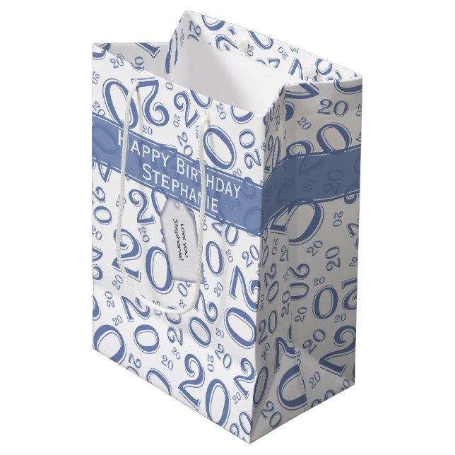 Happy Birthday Age 20 Number Pattern Blue/White Medium Gift Bag (Front Angled)