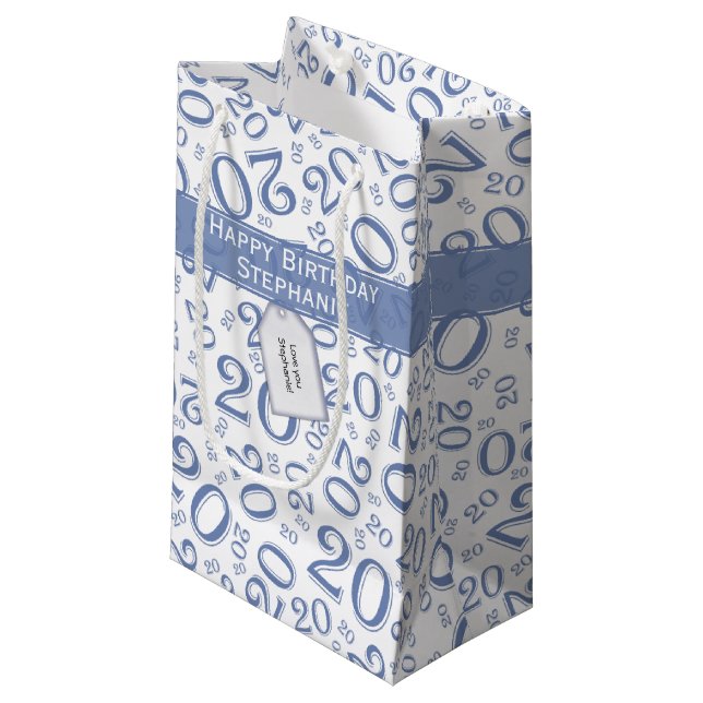 Happy Birthday Age 20 Number Pattern Blue/White Small Gift Bag (Front Angled)