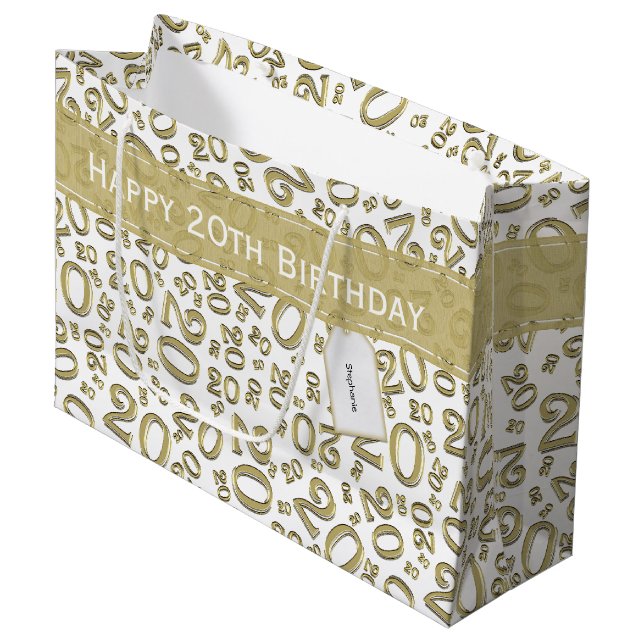 Happy Birthday Age 20 Number Pattern Gold/White Large Gift Bag (Front Angled)