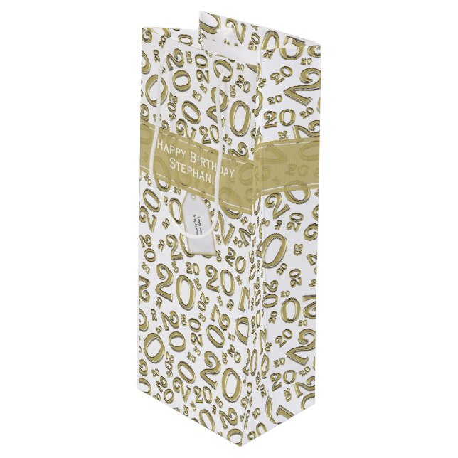 Happy Birthday Age 20 Number Pattern Gold/White Wine Gift Bag (Front Angled)