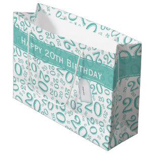 Happy Birthday Age 20 Number Pattern Teal/White Large Gift Bag