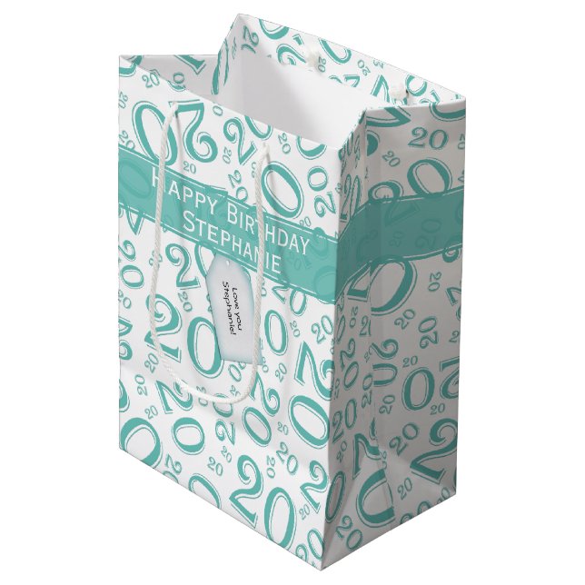 Happy Birthday Age 20 Number Pattern Teal/White Medium Gift Bag (Front Angled)