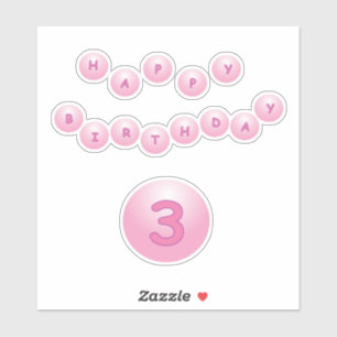 Happy Birthday Age 3 Pink Bouncy Balls Sticker