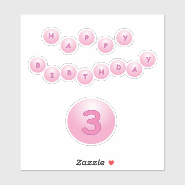 Happy Birthday Age 3 Pink Bouncy Balls Sticker (Sheet)
