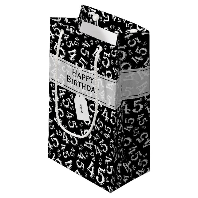 Happy Birthday Age 45 Number Pattern Black/White Small Gift Bag (Front Angled)