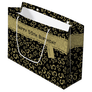 Happy Birthday Age 55 Number Pattern Black/Gold Large Gift Bag