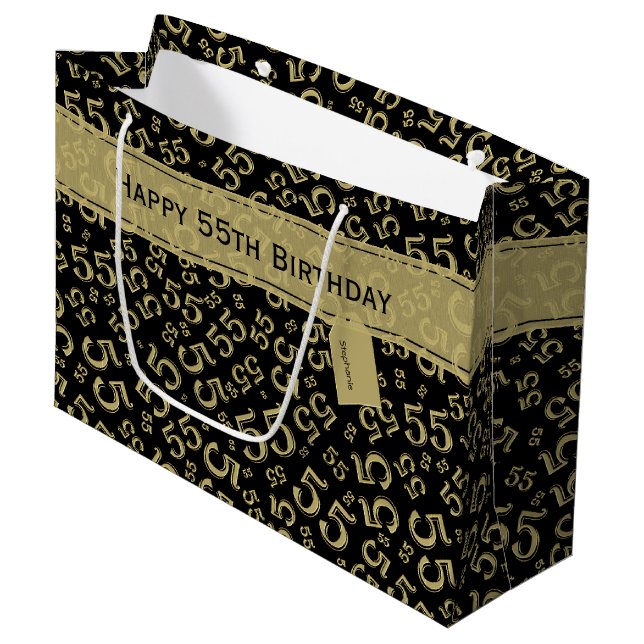 Happy Birthday Age 55 Number Pattern Black/Gold Large Gift Bag (Front Angled)
