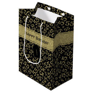 Happy Birthday Age 55 Number Pattern Black/Gold Medium Gift Bag