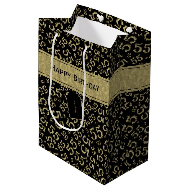 Happy Birthday Age 55 Number Pattern Black/Gold Medium Gift Bag (Front Angled)